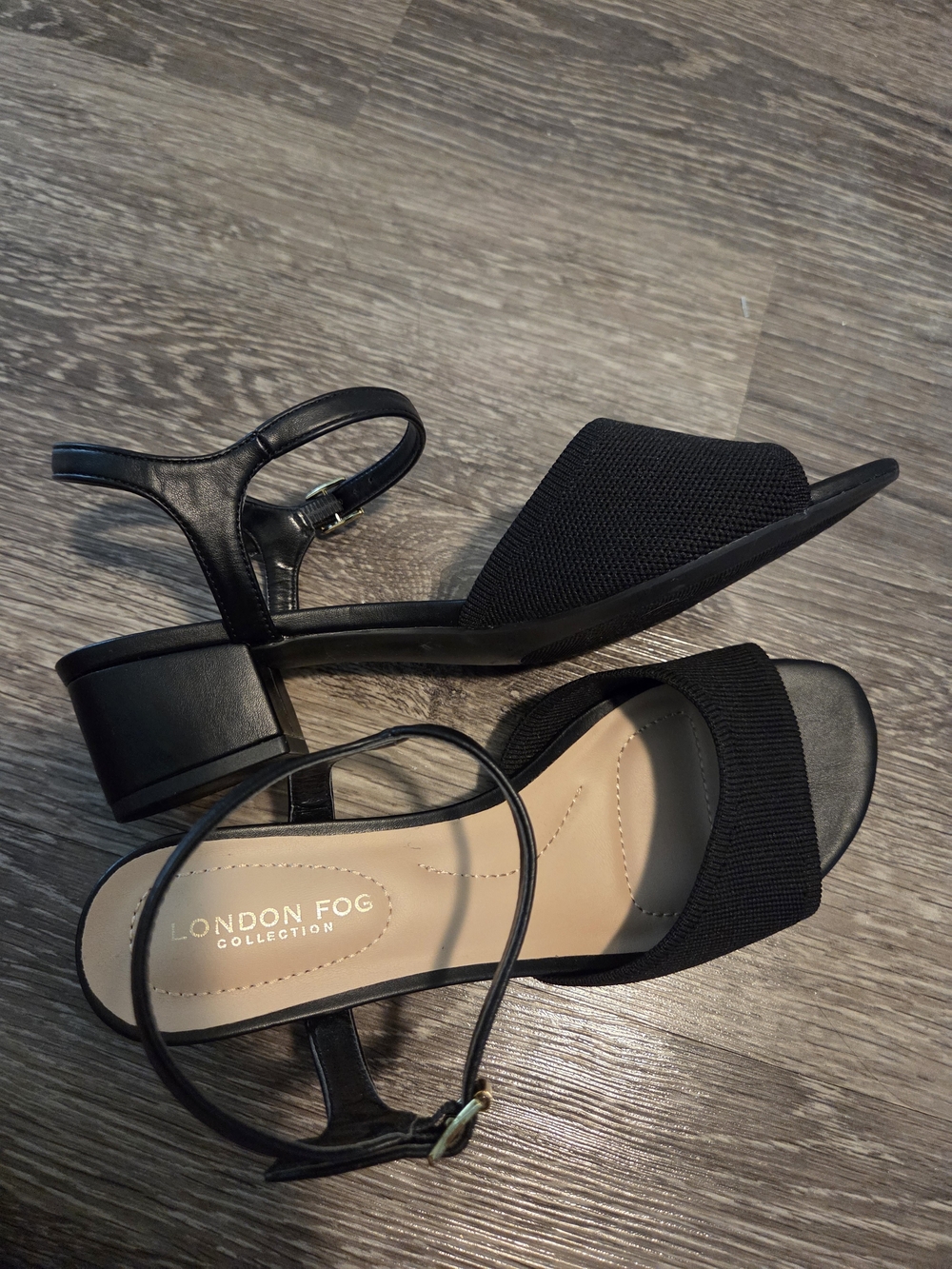 London Fog Black Knit Block Heel Sandals Size 8.5